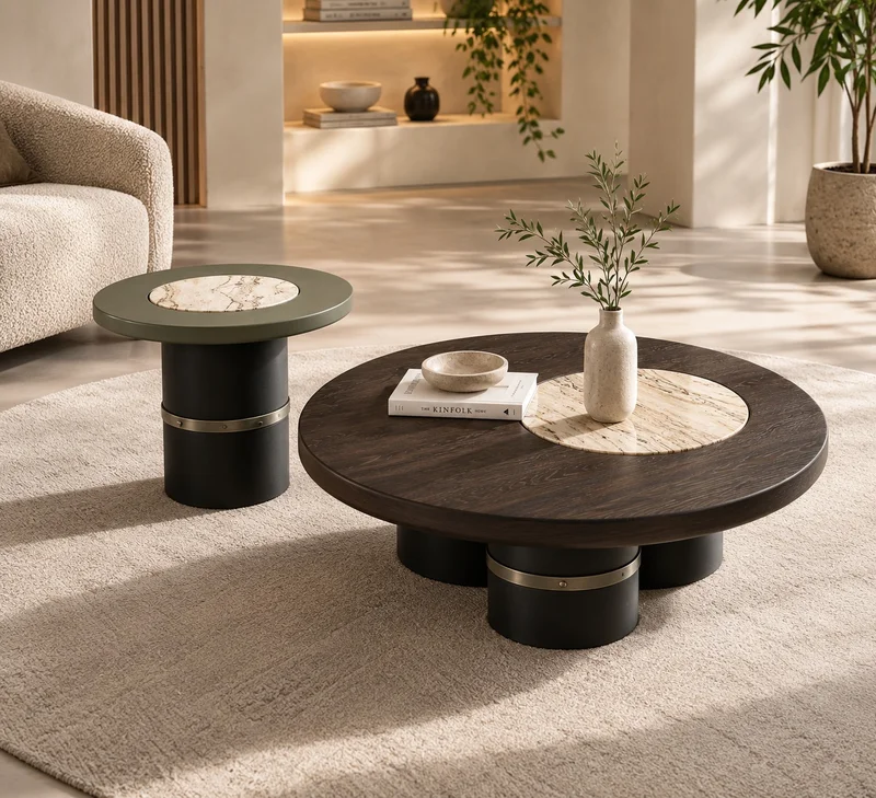 Fluted Round Brass & Stone Nesting Table